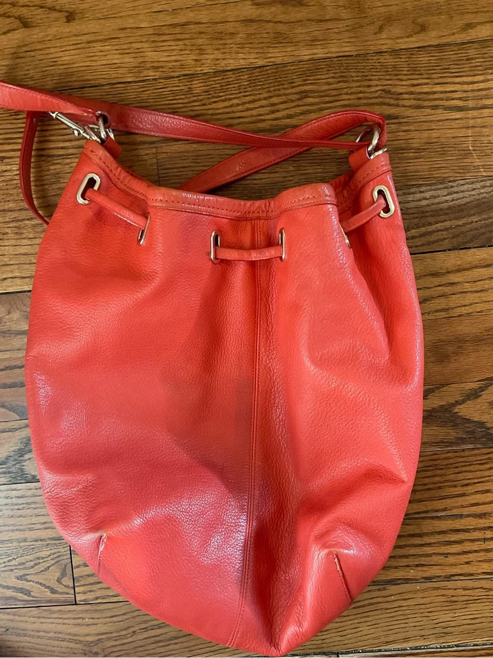 Coach Coral-Red Pebbled Leather Drawstring Hobo